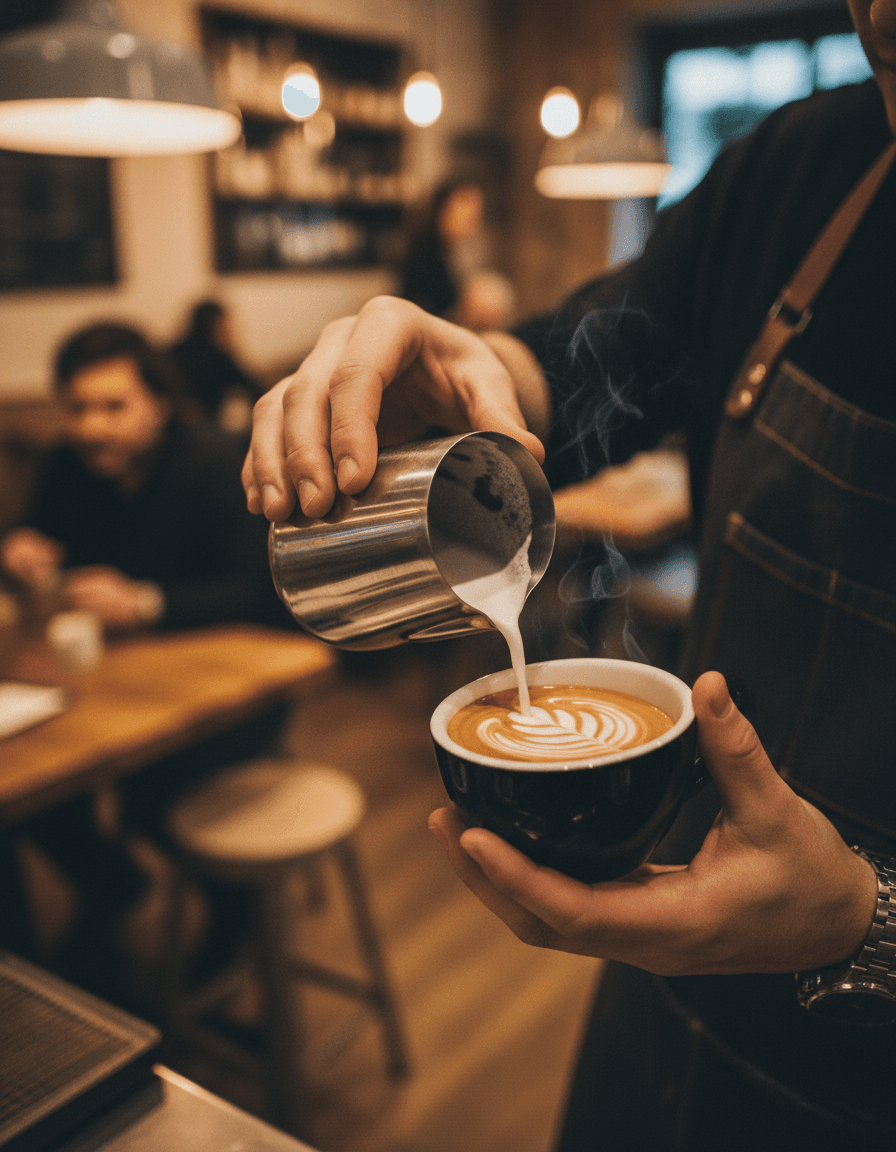 Barista pouring latte art into a cup