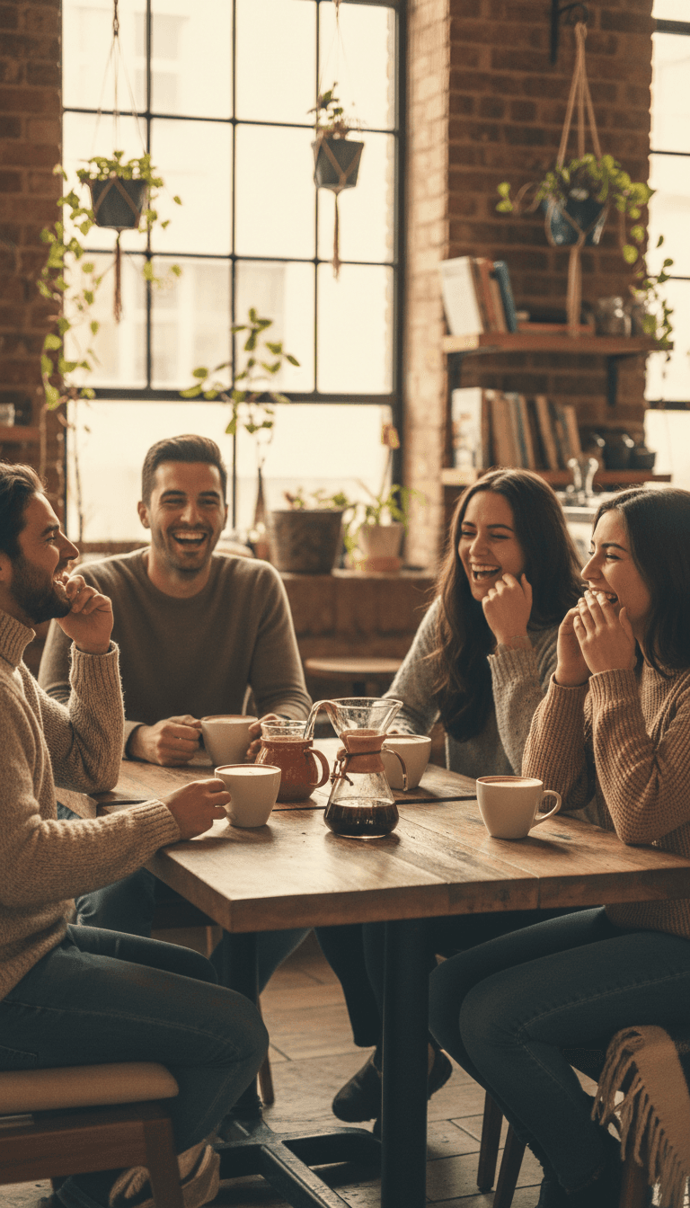 Friends laughing together over coffee at Platform 9