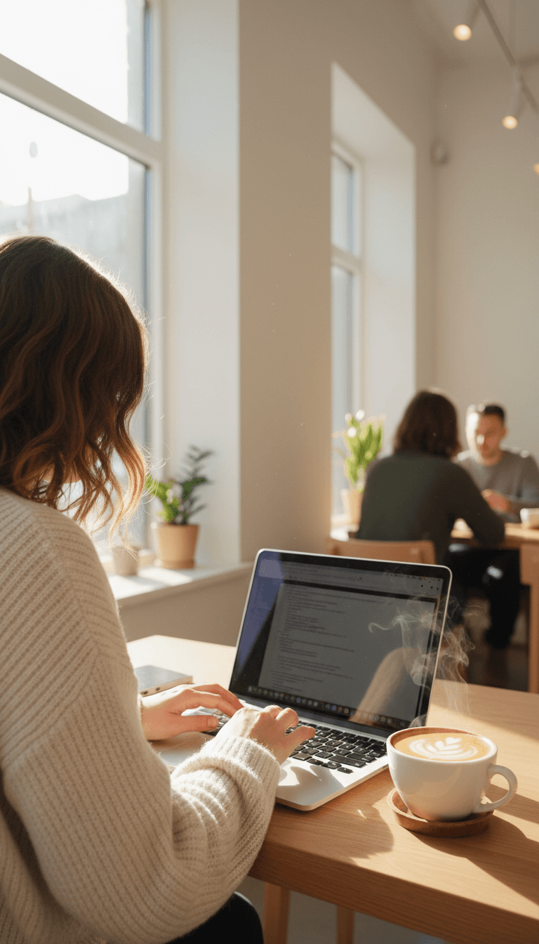 Guest working on a laptop beside a warm cup of coffee