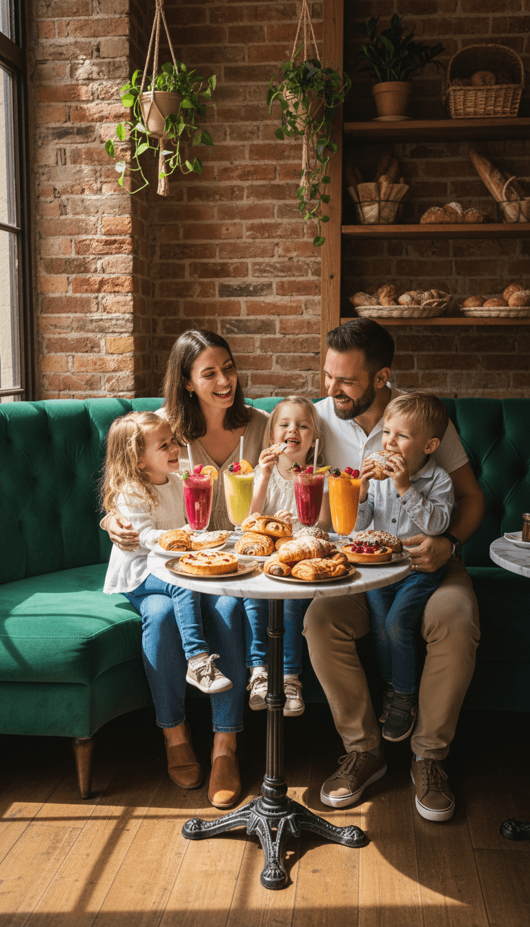 Family sharing pastries and fresh juices together