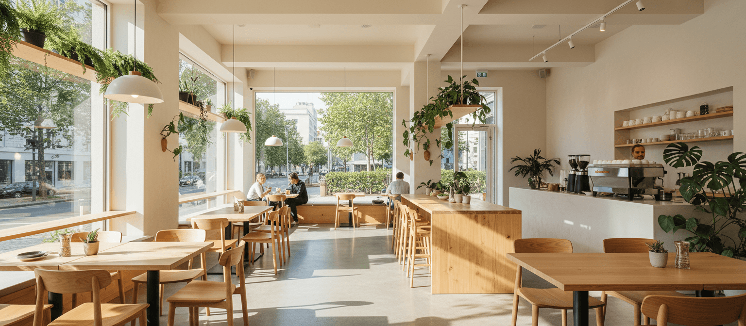 Bright café interior with wooden tables and hanging plants