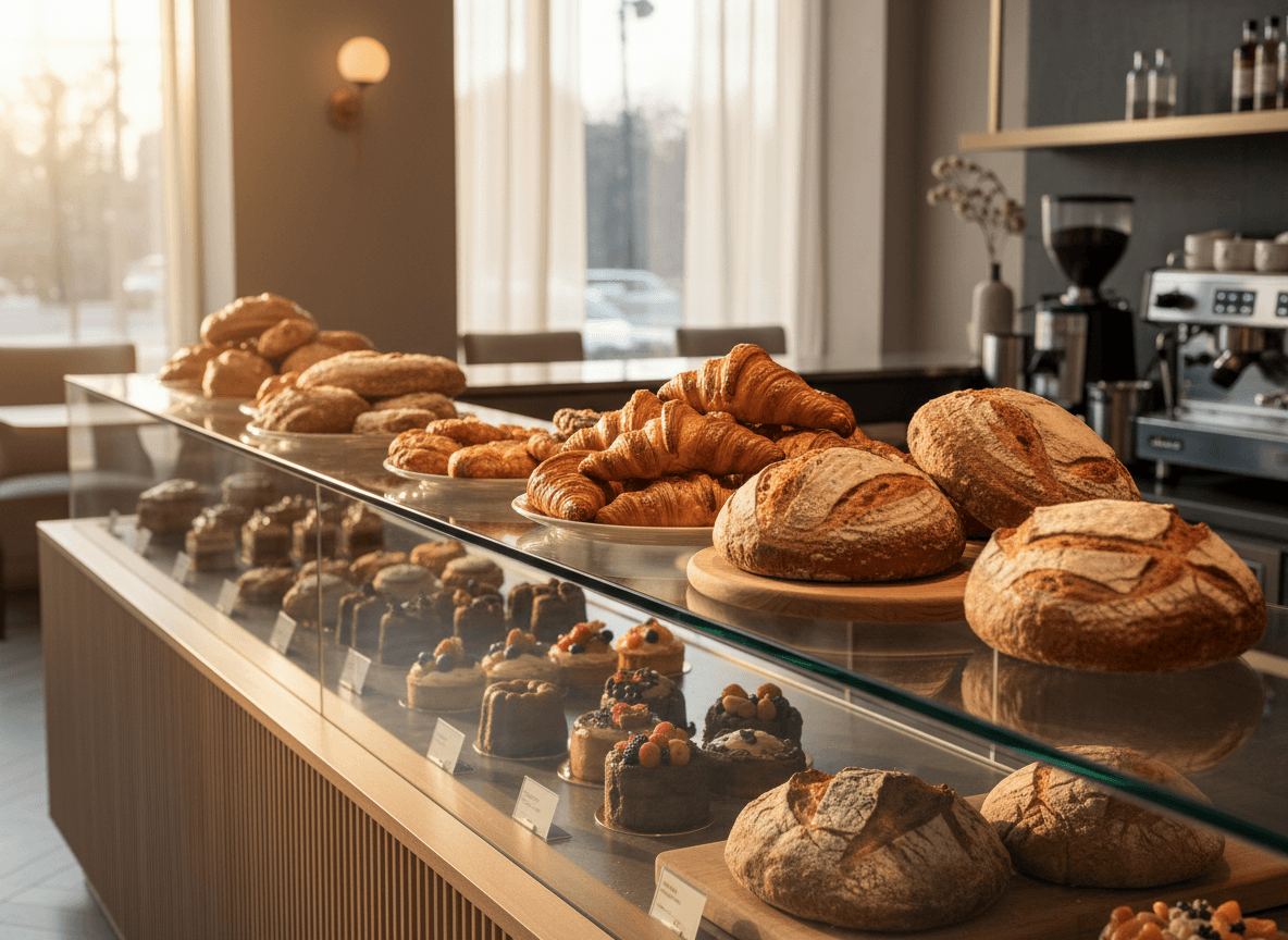 Pastry display case with fresh bread and desserts