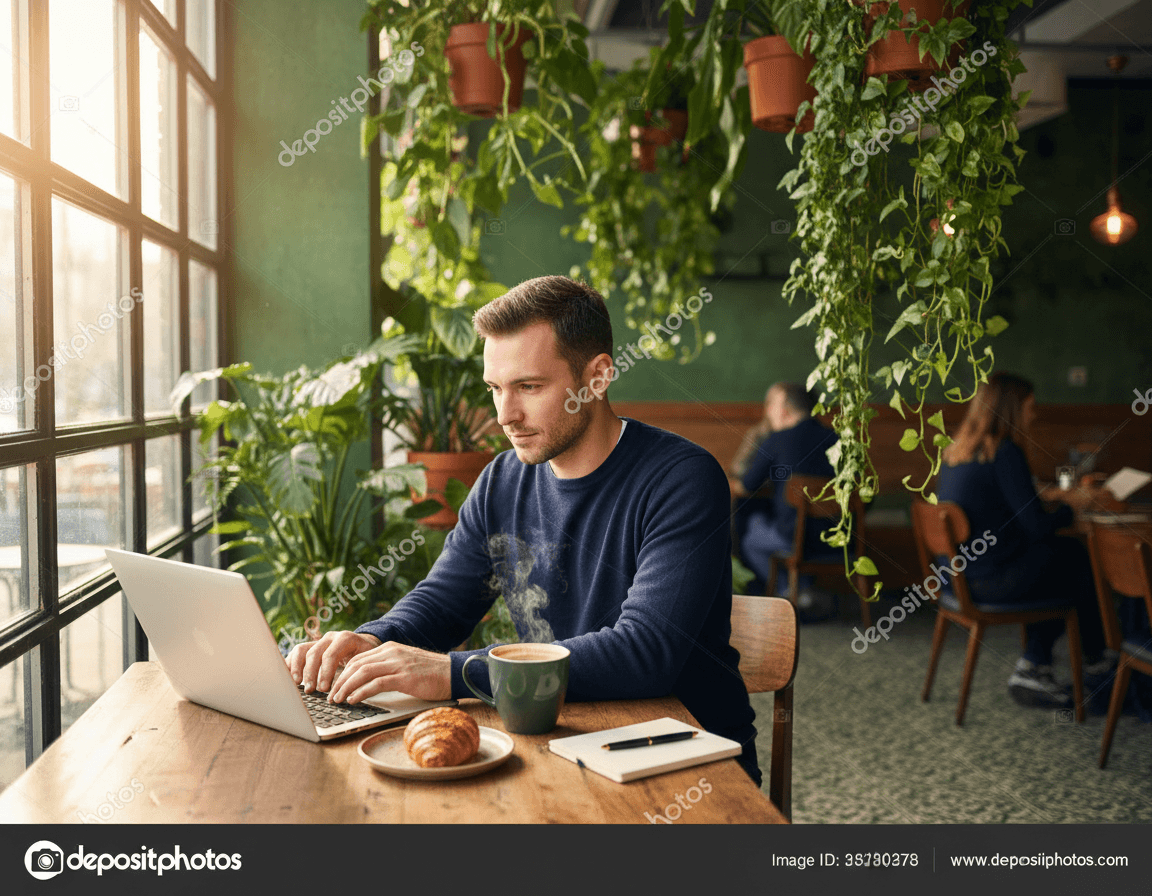Person working on a laptop surrounded by greenery
