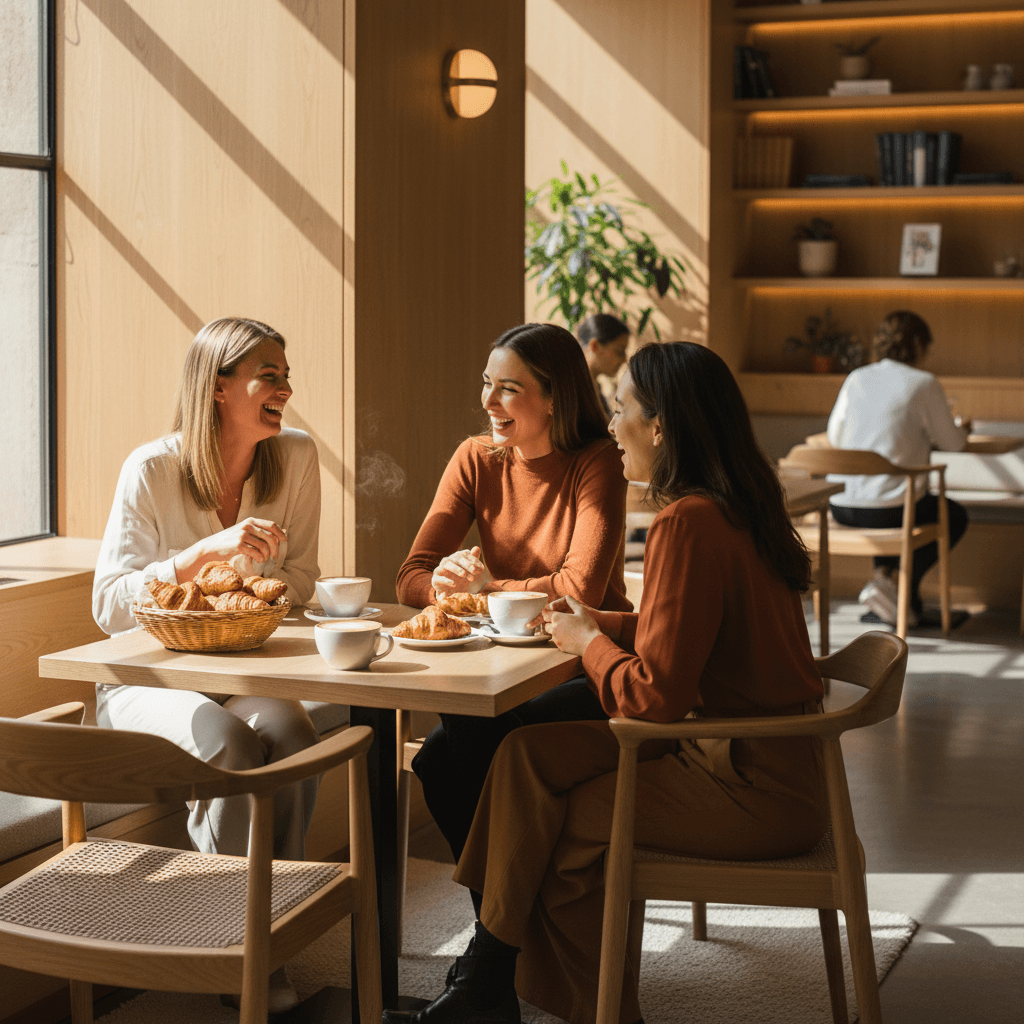 Friends enjoying coffee and pastries together at Platform 9