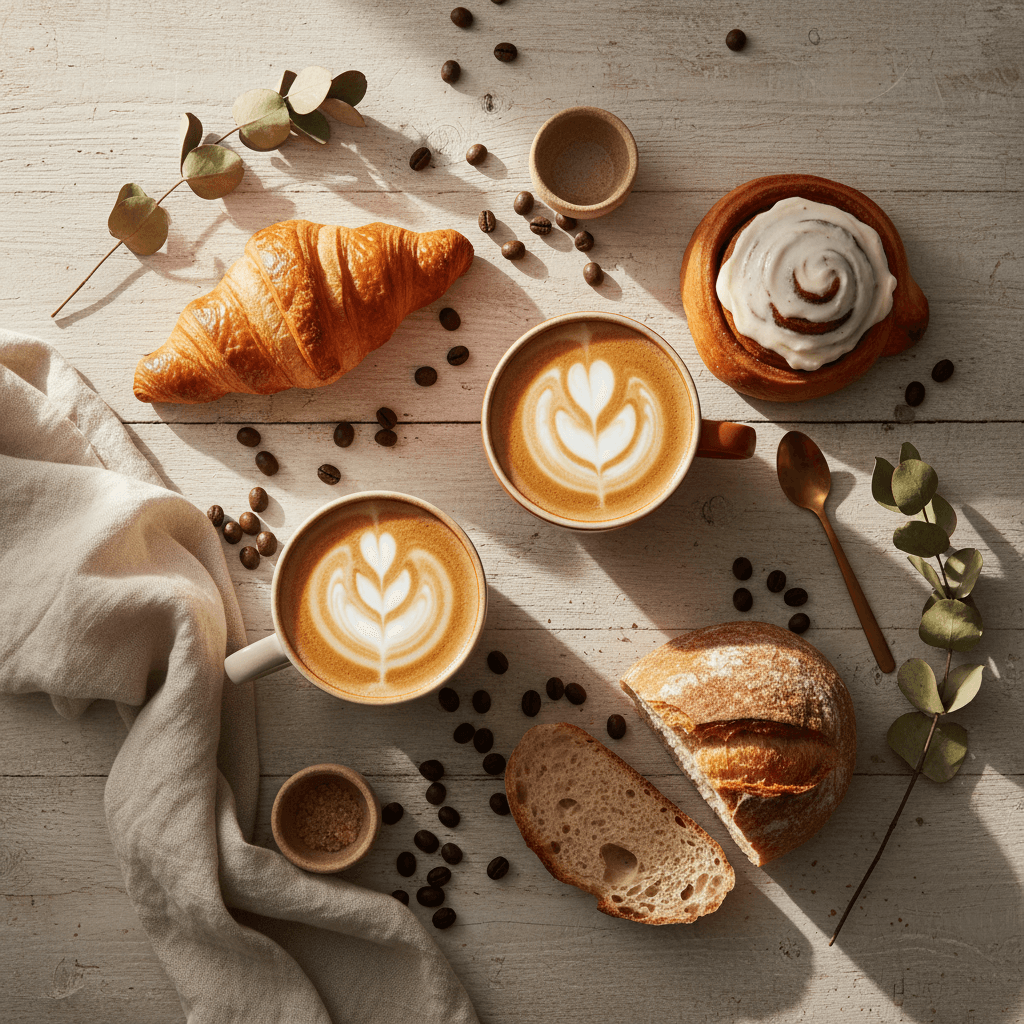 Flat lay of pastries, croissants and latte art cups