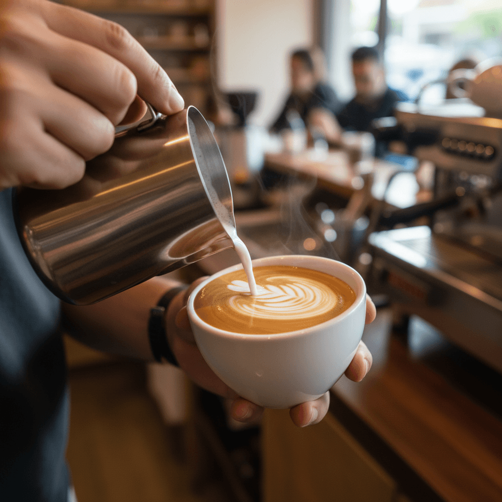 Barista pouring milk into a latte