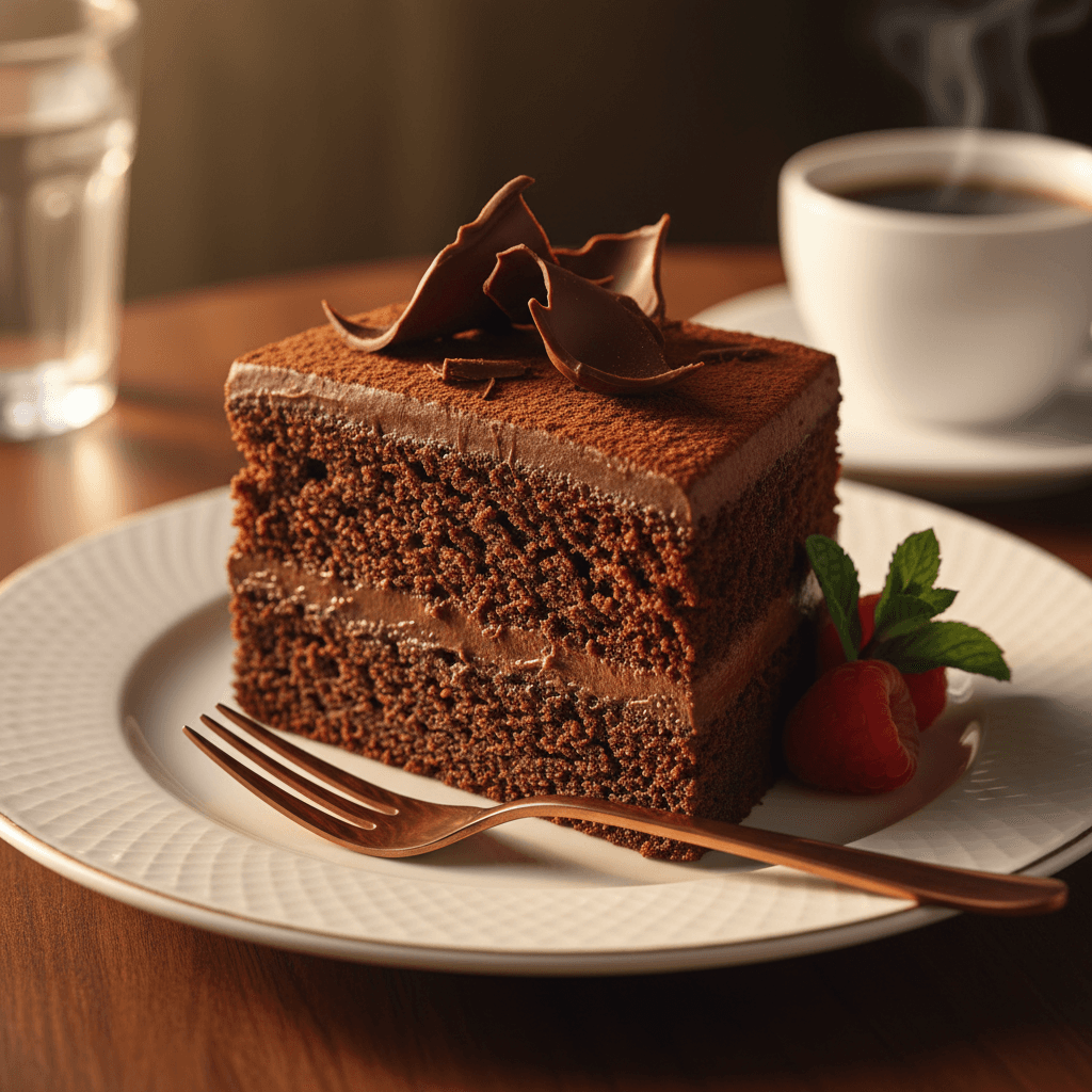 Slice of chocolate cake on a plate with coffee