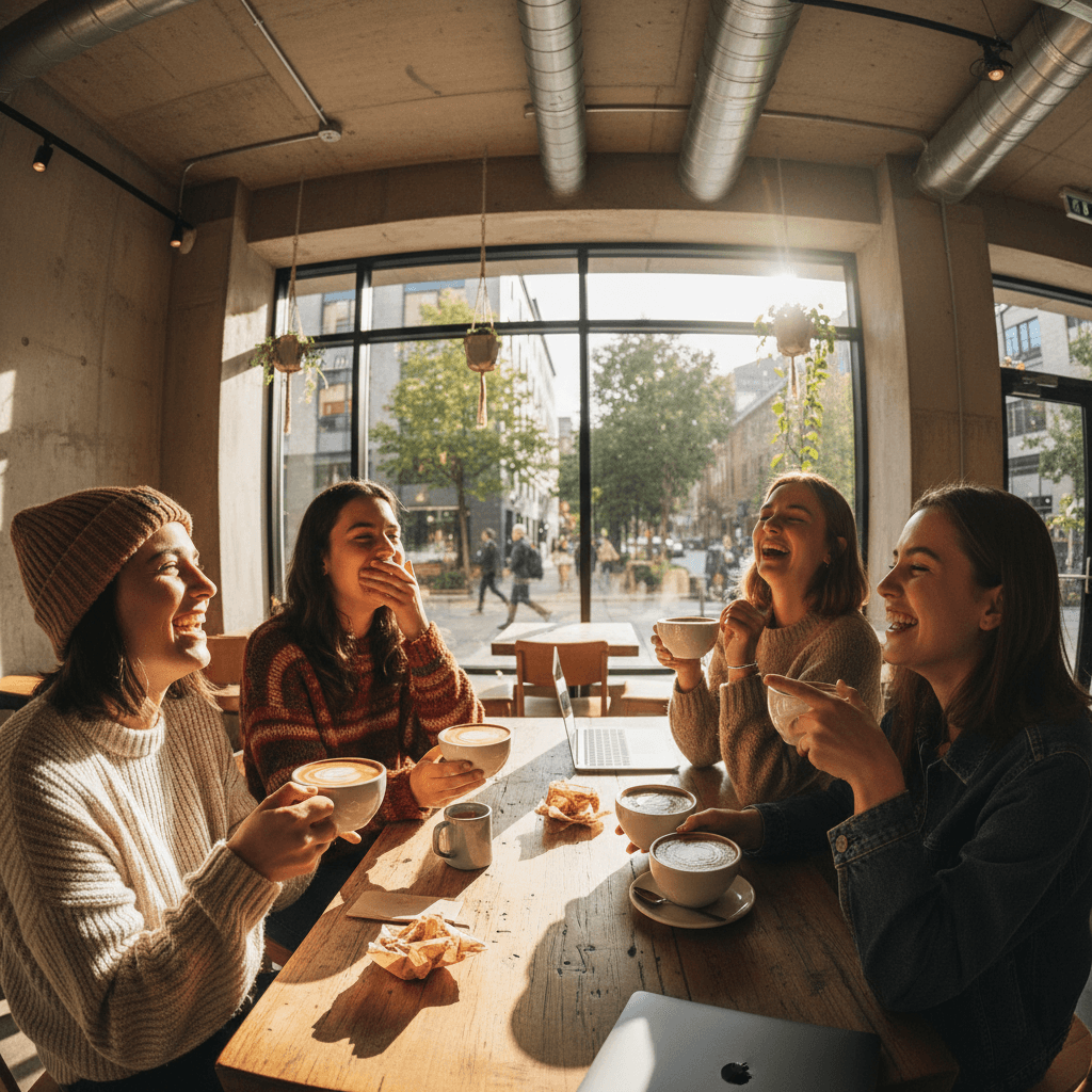 Friends chatting together at a café table