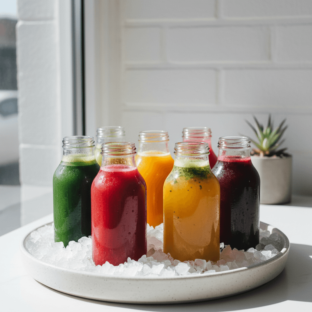 Row of colourful cold-pressed juices on ice
