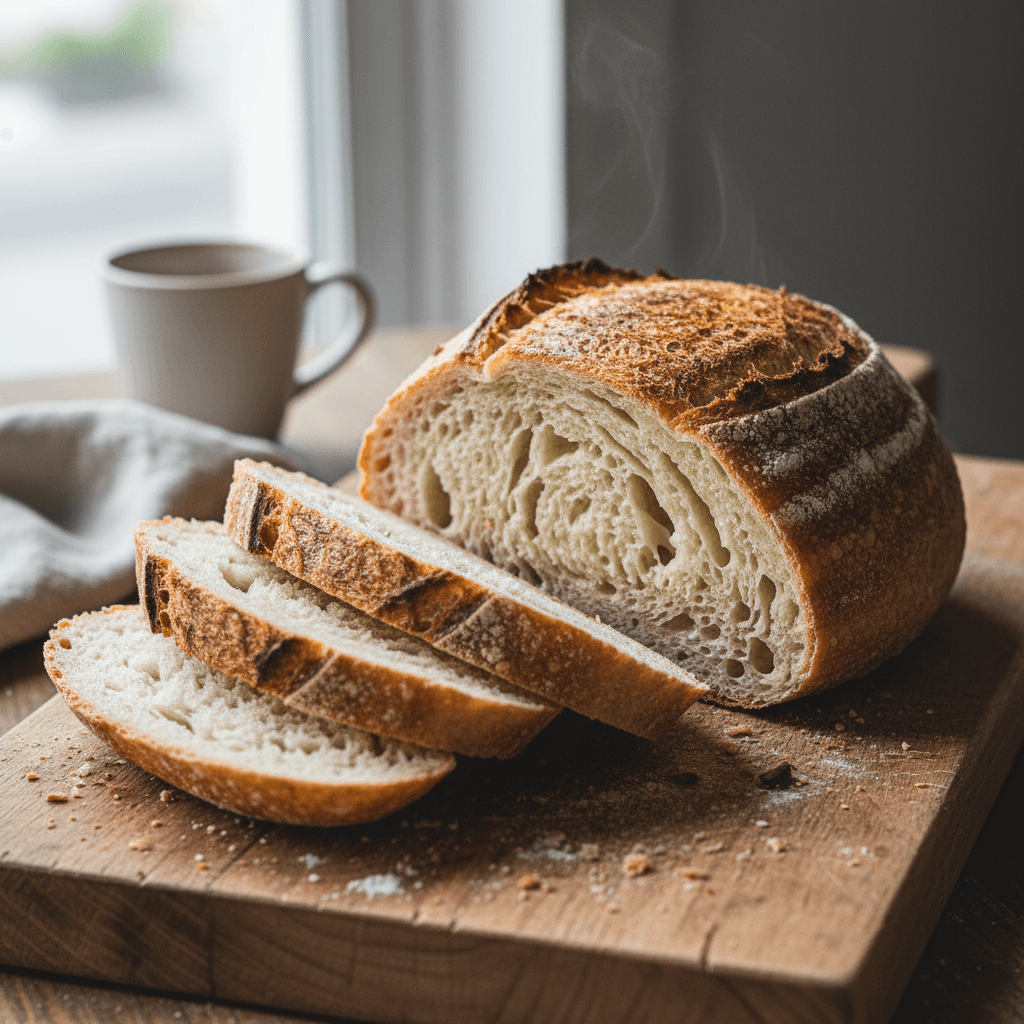 Freshly baked artisan bread loaf sliced on a board